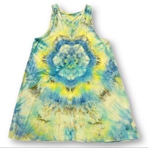 Tie dyed dress mandala vneck sleeveless blue green yellow XL